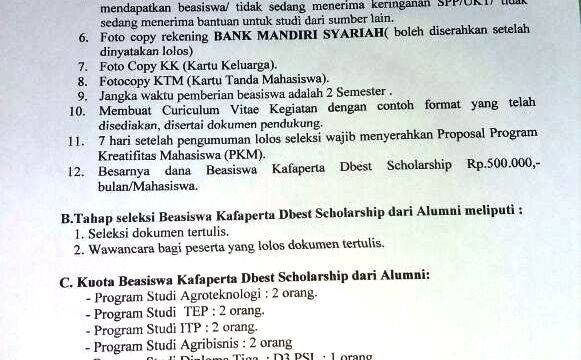 PENDAFTARAN BEASISWA KAFAPERTA DBEST SCHOLARSHIP DARI ALUMNI TAHUN 2018